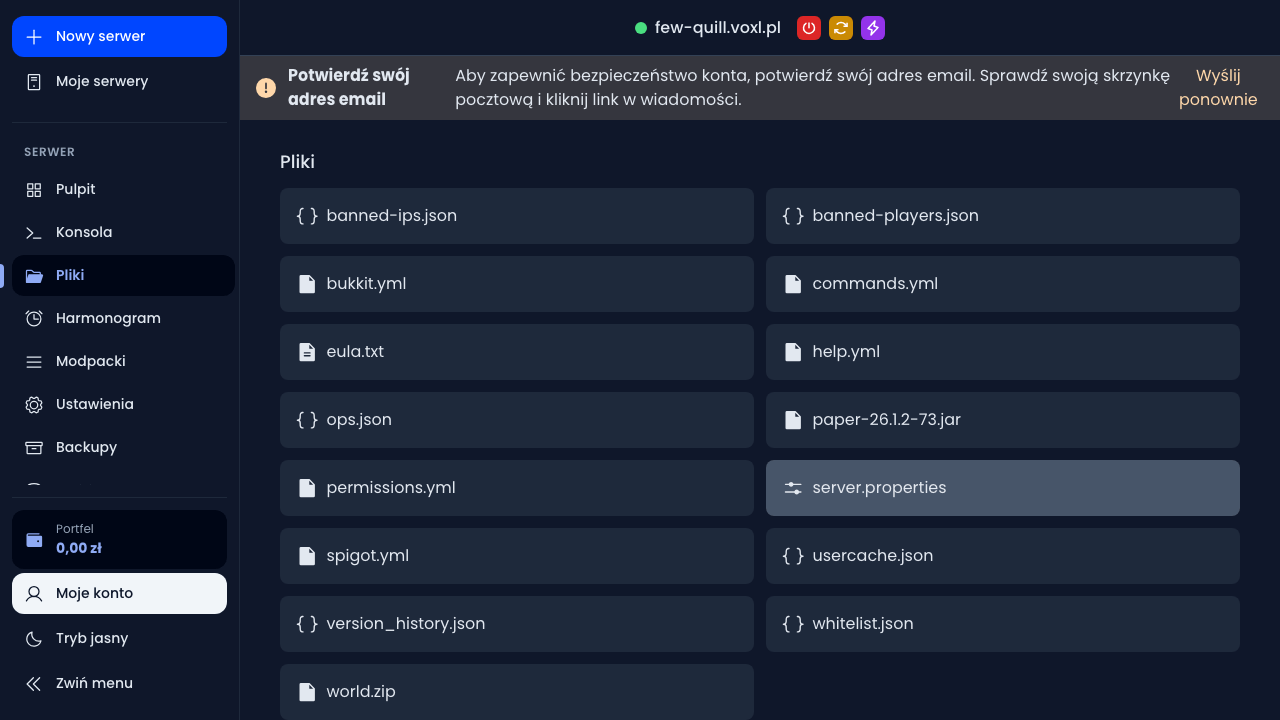 Zakładka Pliki z zaznaczonym plikiem server.properties