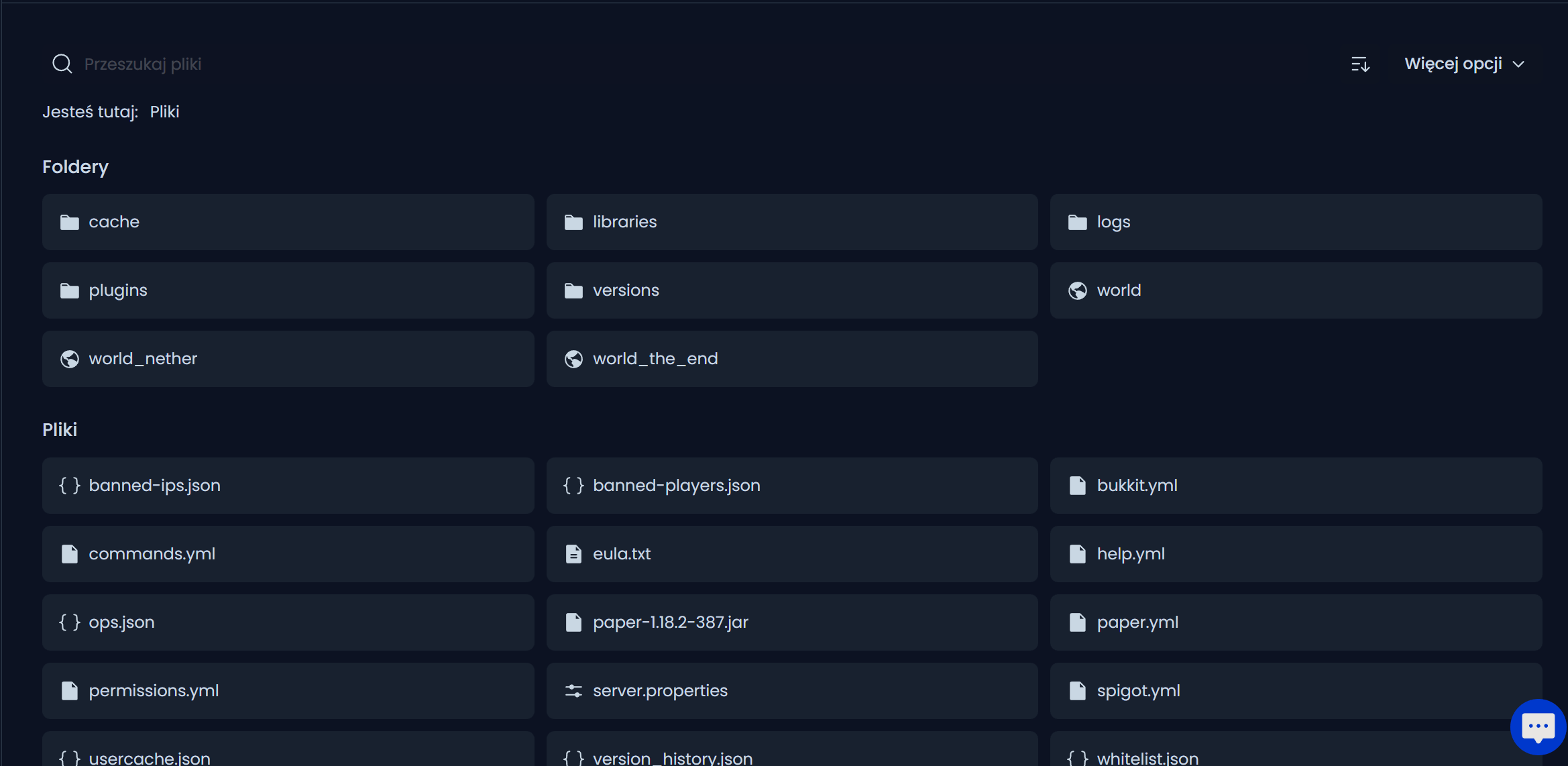 Główny katalog serwera Paper z widocznym folderem plugins